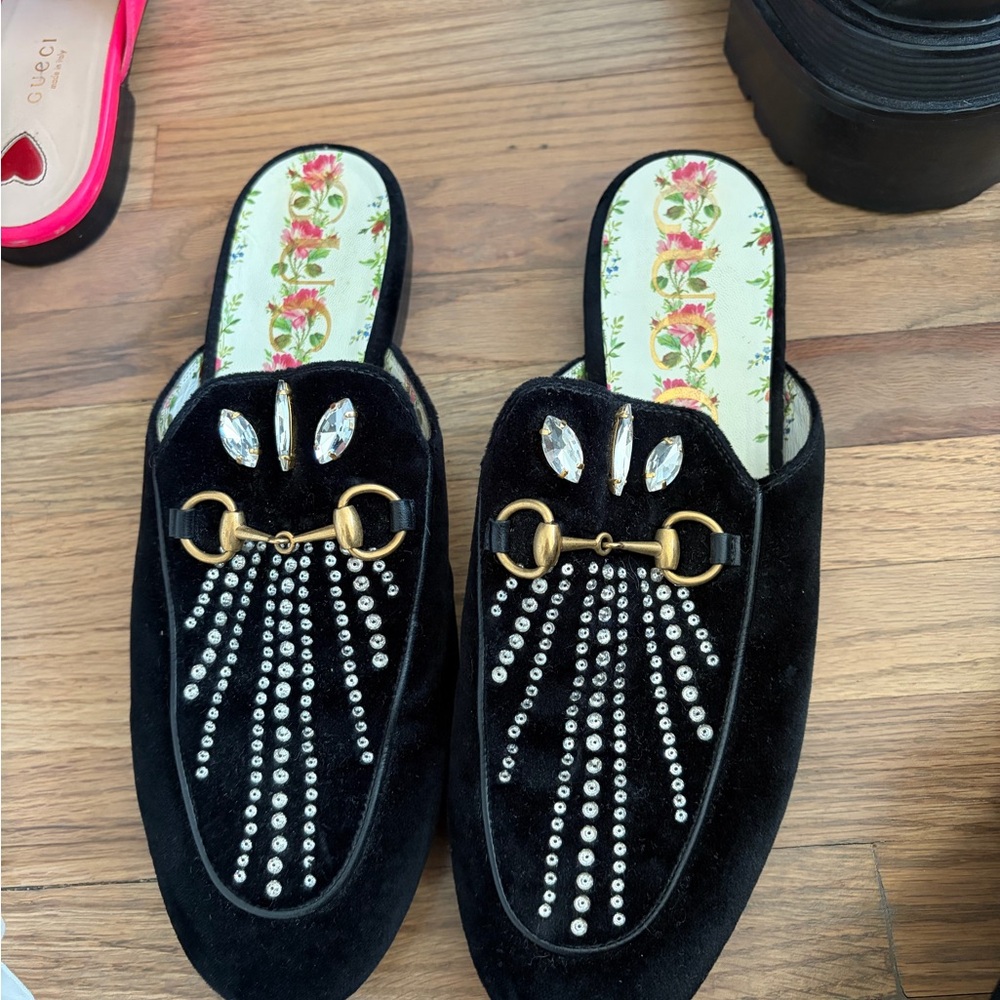 Gucci Black Embellished Mules with Gold Accents - Picture 3 of 4